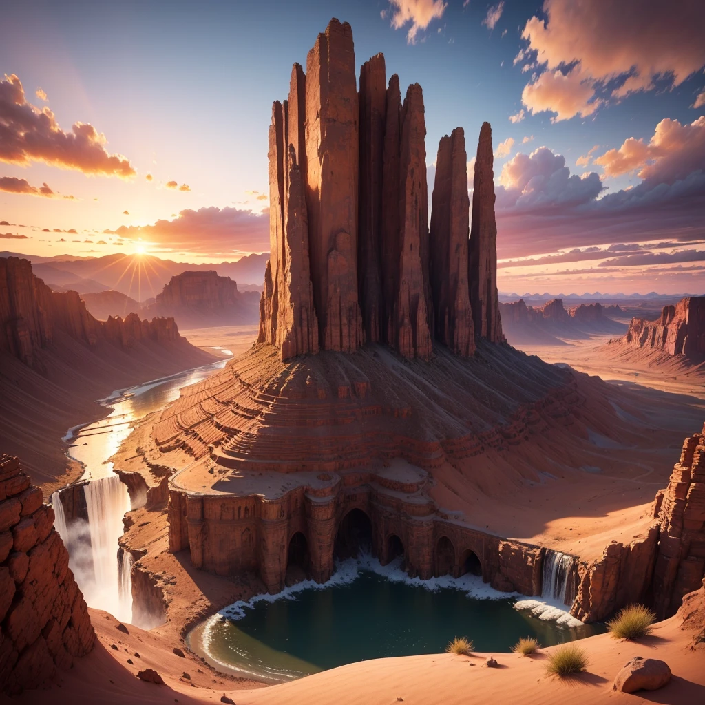 Landscape waterfall in sunset mountains best image quality, high quality, Beautiful desert beach wallpaper 8k extremely detailed, Photography