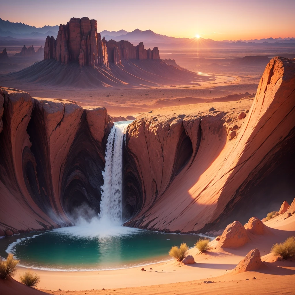 Landscape waterfall in sunset mountains best image quality, high quality, Beautiful desert beach wallpaper 8k extremely detailed, Photography  