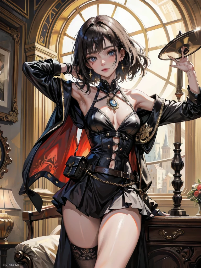 absurdres, RAW photo, extremely delicate and beautiful, masterpiece, Best Quality, ultra high resolution, 32k, hyperrealistic, ultra-detailed, detailed background, landscape, perfect anatomy, anatomically correct, perfect figure, Perfect Style, Perfect balance, super Detailed skin, in her 30s, very Slim body, narrow waist, very small head, very small face, delicate facial features, handsome detailed woman, very detailed eyes and face, realistic face proportions, Realistic beautiful face, Realistic beautiful eyes, tearful mole, earring, big tits, whole body shot, medium hair, asymmetrical hair, indoor, steampunk fashion, blouse, short skirt, off shoulder,