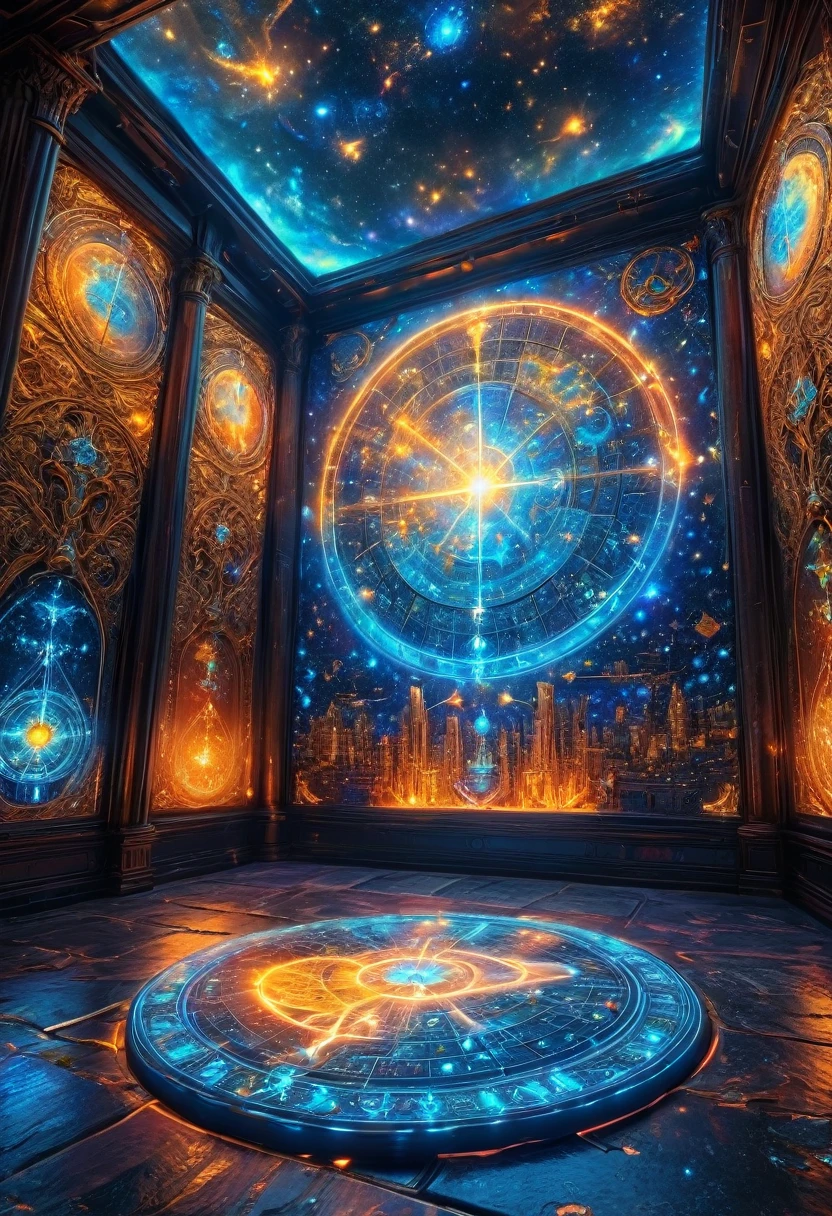 A detailed, intricate and bright magical cosmic scene, with neon-like Solomon's sigils illuminating the air, highly detailed 8K HDR image