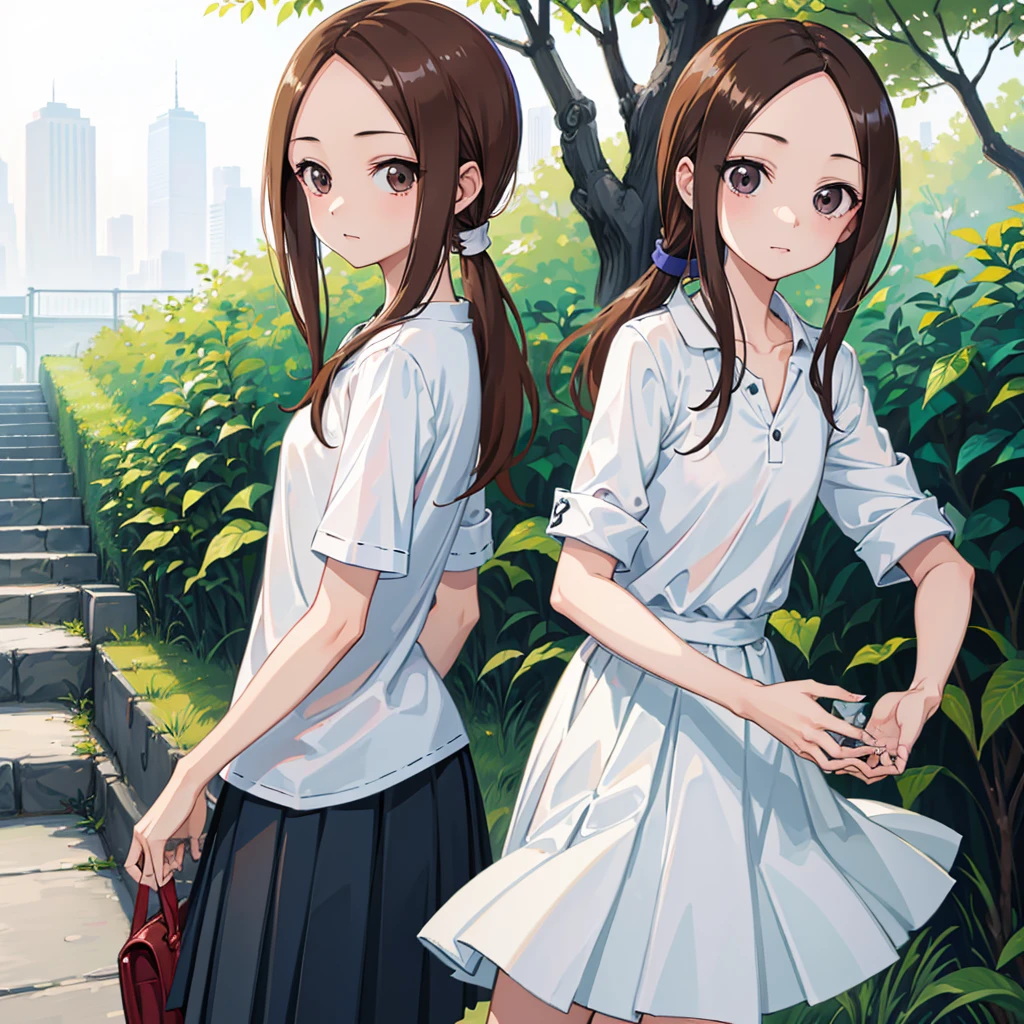 ((Highest quality))、((masterpiece))、(detailed)、One girl、Sexy Takagi、Long Hair、White polo shirt、Pleated skirt、Blue skirt bbtakagi、Long Hair、Low ponytail、clavicle、