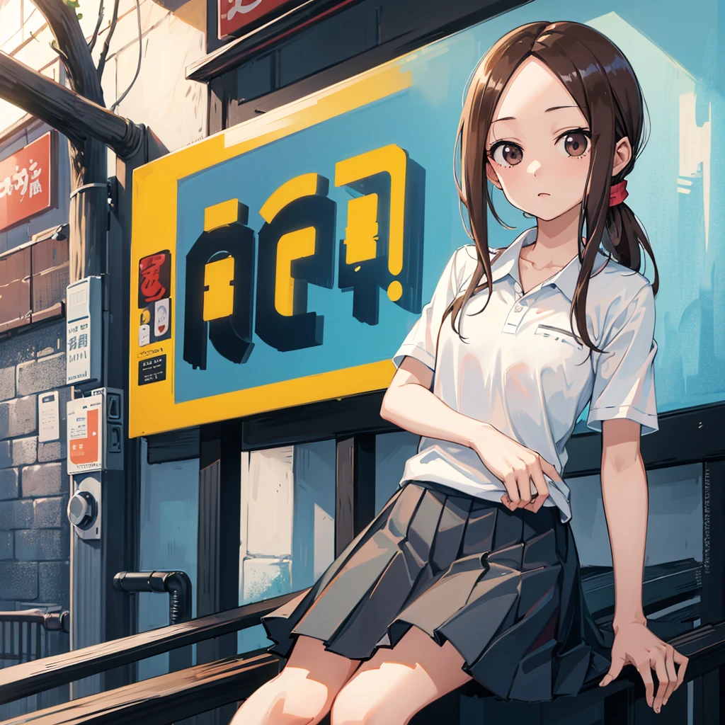 ((Highest quality))、((masterpiece))、(detailed)、One girl、Sexy Takagi、Long Hair、White polo shirt、Pleated skirt、Blue skirt bbtakagi、Long Hair、Low ponytail、clavicle、