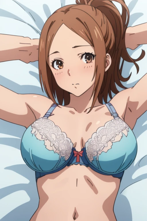 (​masterpiece, top-quality, hight resolution:1.22), (anime screencap,1.5, anime-keyvisual), (ultra_detailed, 4k, UHD:1.2), (photorealistic, pixiv:1.3), the perfect body, miyoshi kaya, KizukiAi, light brown hair, high ponytail, orange eyes, parted bangs, forehead, 1girl, solo, closed mouth, blush, (sagging huge breast:1.5, Breasts Apart), (slim, hands up, navel), (see-through bra:1.5), (on back, sleepy), (upper body:1.5, on bed), (perfect detailed anatomy:1.5, beautiful detailed face, beautiful detailed eyes, beautiful skin, perfect detailed arms:1.5), 