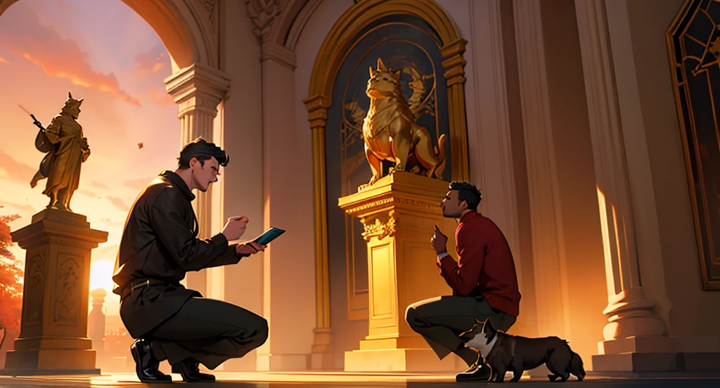 Man on his knees, admiring golden statue in the shape of a dog, background crimson sky