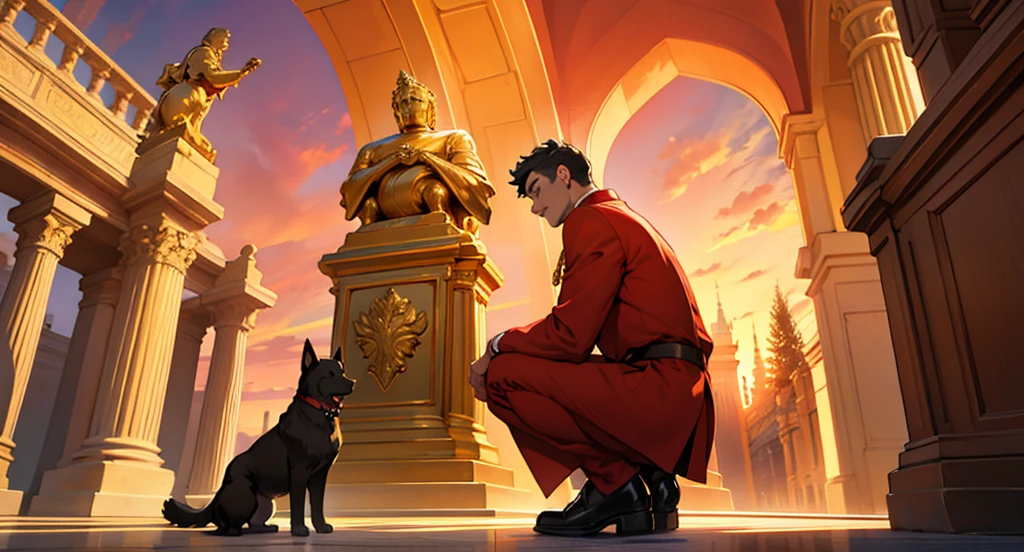 Man on his knees, admiring golden statue in the shape of a dog, background crimson sky