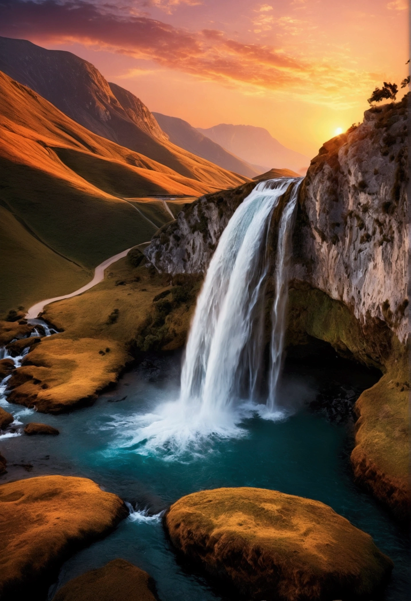 Landscape waterfall in sunset mountains best image quality, high quality, Beautiful beach wallpaper 8k extremely detailed, Photography