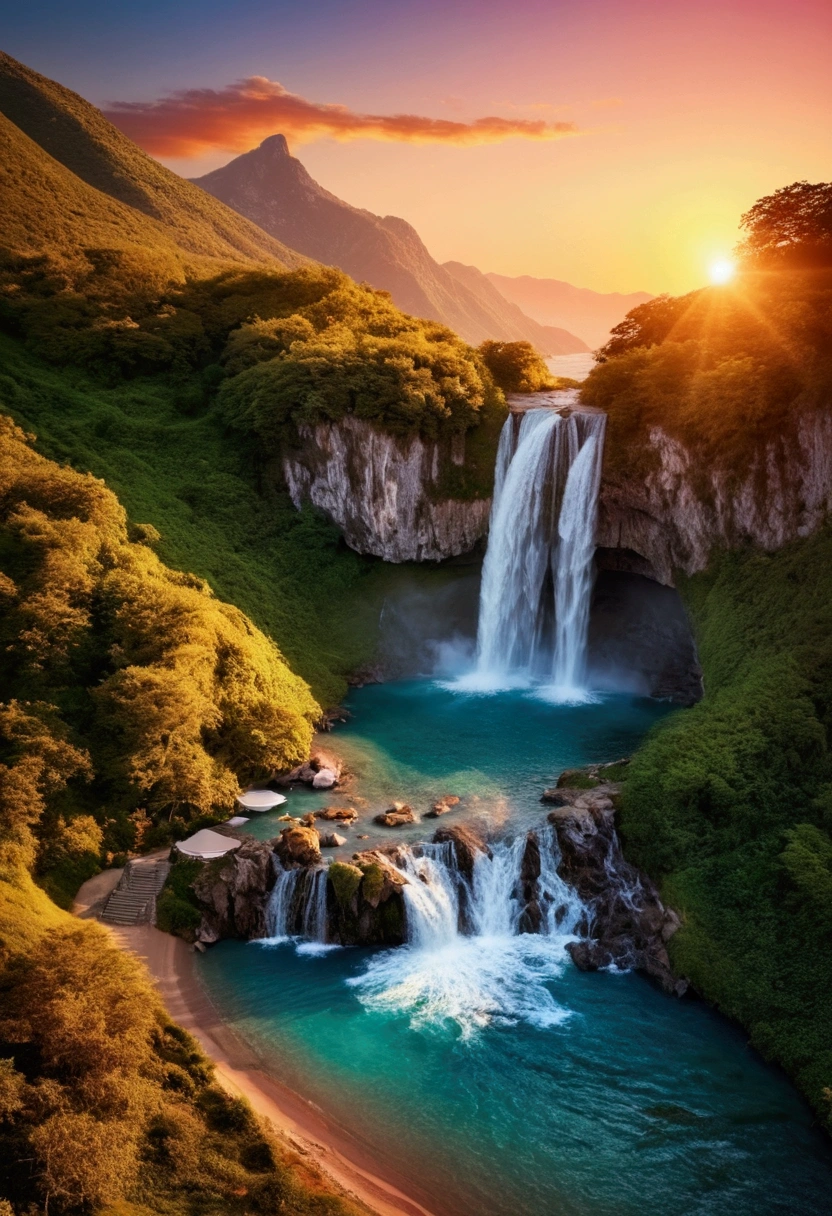 Landscape waterfall in sunset mountains best image quality, high quality, Beautiful beach wallpaper 8k extremely detailed, Photography