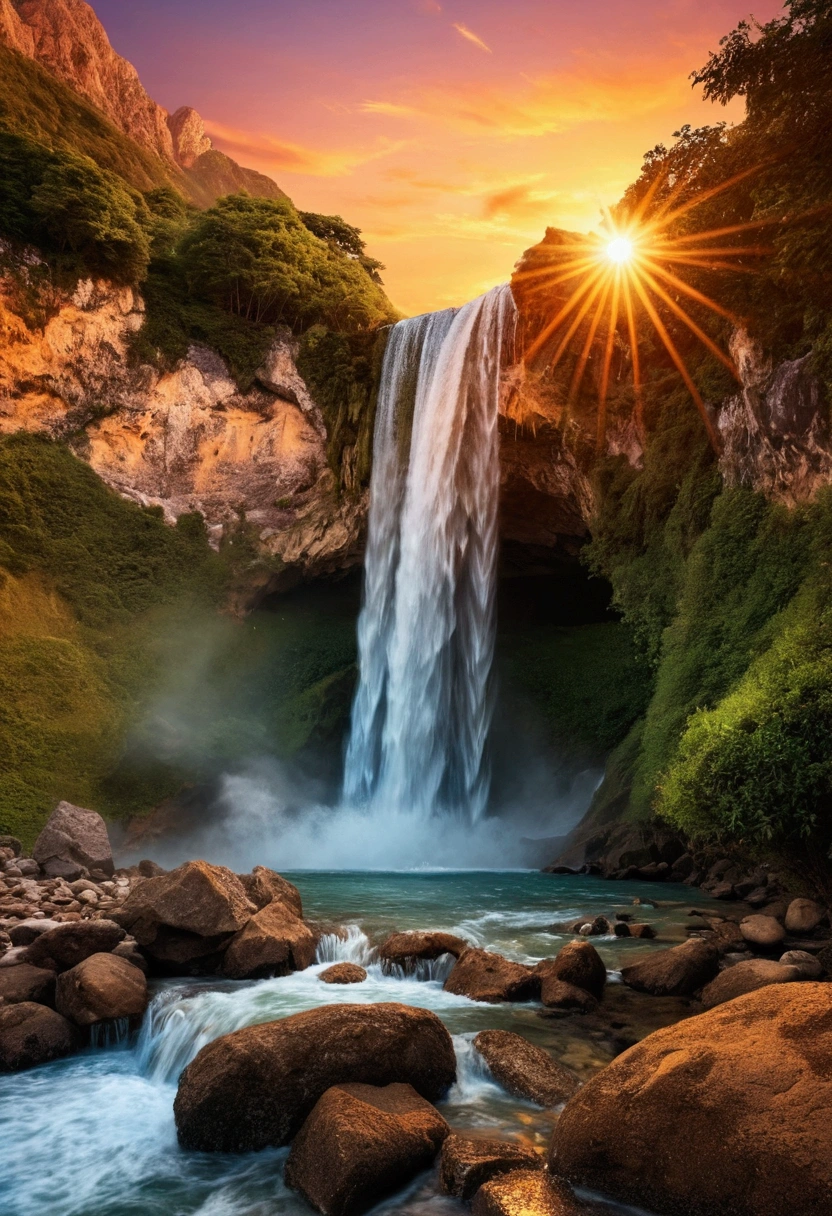 Landscape waterfall in sunset mountains best image quality, high quality, Beautiful beach wallpaper 8k extremely detailed, Photography