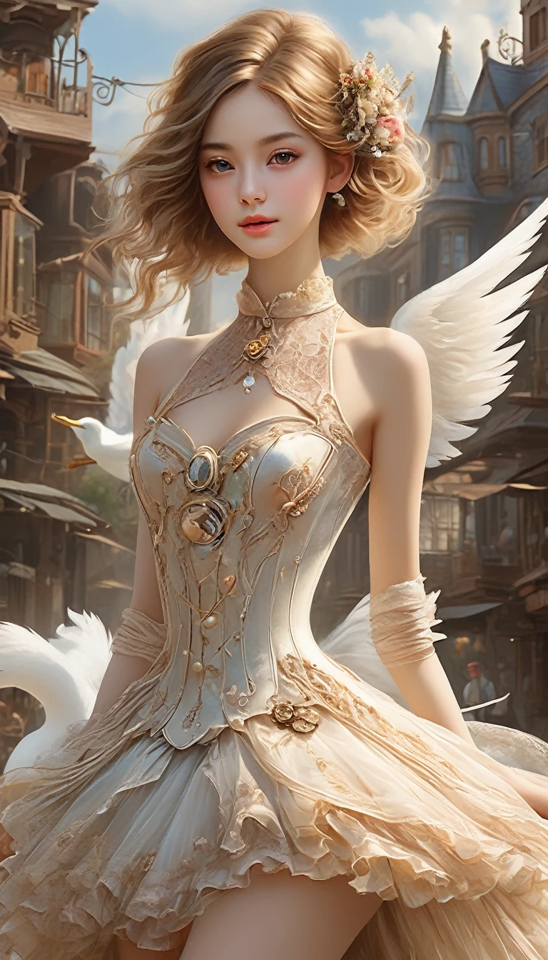 [detaileded illustrations, Art based on extremely ideal anatomy, Highly detailed and detailed drawings, Slow and delicate lines, Realistic texture expression],((color tress main line)),(Artworks of outstanding craftsmanship),(western ghost town background),HENTAI ANIME Girl Japanese Beauty 15 years old Skinny (thin) short bob cut (( bangs cut straight)) (automaton) ((ballerina)),(swan) tutu dress (Transparent material) ((horn)),(Pearlescent),(Steampunk Alchemy),((Fine and beautiful skin expression (Transparency))),((Clear gaze)),((Perfect eyes detailed (Beautifully drawn eyes in every detail))),(beautiful perfect face (Realistic Face detaileds)),((Beautiful hair detailed)),(perfectly balanced proportions)),(Design built to a high standard,(((Advanced structural understanding of materials)),ideal color coordination),((artistic decoration)) ((meticulous detail)),(detailed,High resolution)),[(Ultra-precise details),((multilayer texture)),high quality,High resolution] (Accurate simulation of interactions between light and materials, Understanding air flow, Mechanically correct representation)),((Visual art that tells a story)).