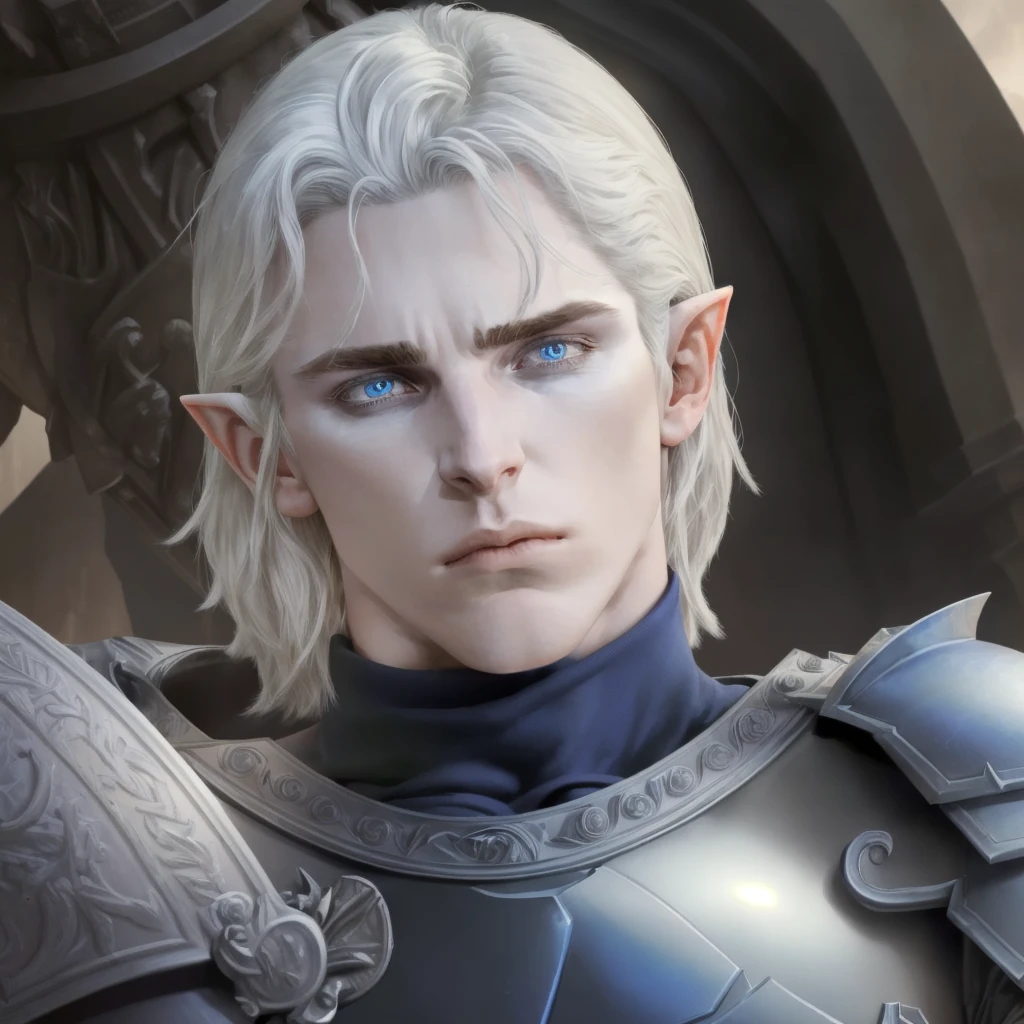 ((Best quality)), ((masterpiece)), (intricate), Man, male elf, Christian Bale, pointy ears, white hair, blue eyes, heavy dark paladin armor, tired, emotionless, fantasy, Luxearte, Jun Kim