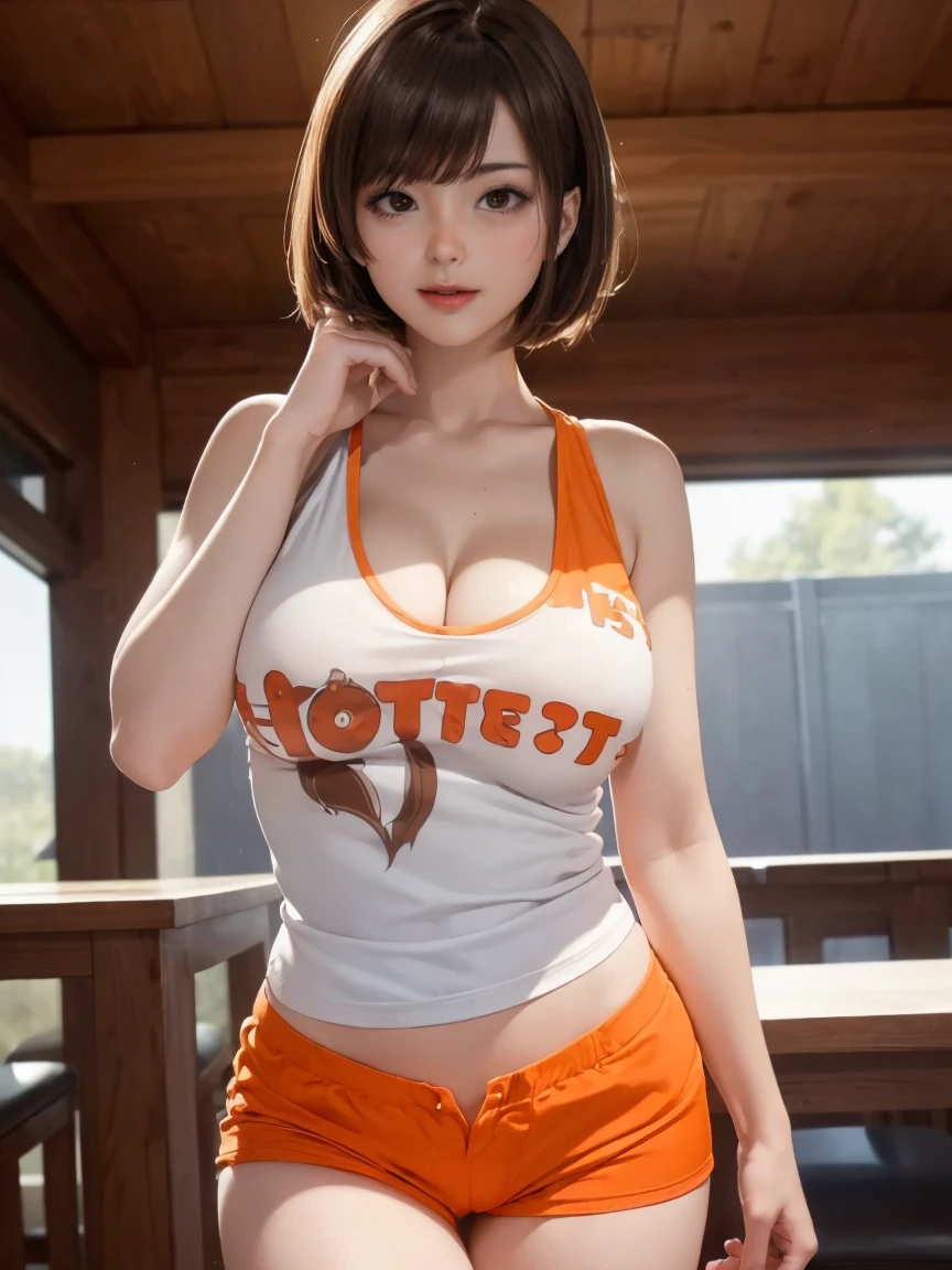 Looking into the camera,japanese age: 18,Woman in Hooters uniform,(She is wearing a white tank top.....)(She is wearing orange shorts.),(Her breasts are exposed through her shirt)(Her nipples are visible through her sweat),(Obscene pose),(Very large breasts),(Big Breasts)(Accentuate your cleavage)(Voluptuous body)(Black short hair)(Pixie Cut),(Best image quality, (8k), Ultra-realistic, 最high quality, high quality, High resolution, high qualityの質感, Attention to detail, Beautiful details, Finer details, Extremely detailed CG, Detailed Texture, Realistic facial expressions, masterpiece, in front),(((Strict adherence to front-end configuration))) (((Photograph the whole body)))(((Accentuate the crotch)))