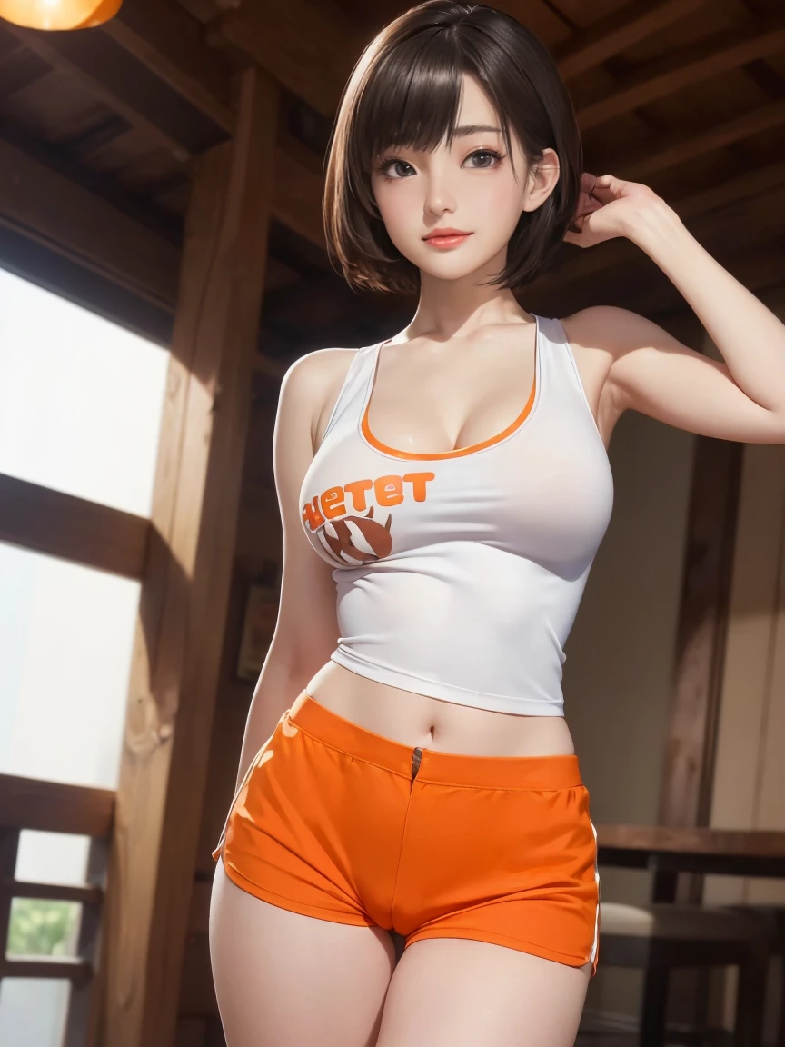 Looking into the camera,japanese age: 18,Woman in Hooters uniform,(She is wearing a white tank top.....)(She is wearing orange shorts.),(Her breasts are exposed through her shirt)(Her nipples are visible through her sweat),(Obscene pose),(Very large breasts),(Big Breasts)(Accentuate your cleavage)(Voluptuous body)(Black short hair)(Pixie Cut),(Best image quality, (8k), Ultra-realistic, 最high quality, high quality, High resolution, high qualityの質感, Attention to detail, Beautiful details, Finer details, Extremely detailed CG, Detailed Texture, Realistic facial expressions, masterpiece, in front),(((Strict adherence to front-end configuration))) (((Photograph the whole body)))(((Accentuate the crotch)))