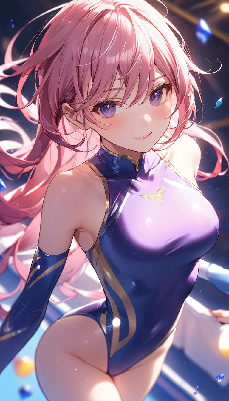 expensivequality illustration, masterpiece, Very delicate and beautiful, Attractive girl,(Gymnastics leotard,Tight leotard,length_Leotard with sleeves,expensive_Leg leotard,athletic leotard),Purple ears,This is a short, Audience reaction,thin,Slender body,slim,expensive school,Gym,Gymnastics Club,