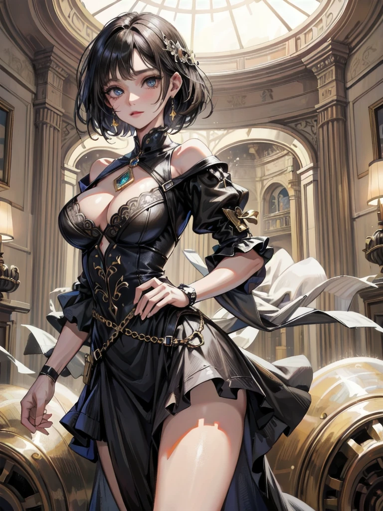 absurdres, RAW photo, extremely delicate and beautiful, masterpiece, Best Quality, ultra high resolution, 32k, hyperrealistic, ultra-detailed, detailed background, landscape, perfect anatomy, anatomically correct, perfect figure, Perfect Style, Perfect balance, super Detailed skin, in her 30s, very Slim body, narrow waist, very small head, very small face, delicate facial features, handsome detailed woman, very detailed eyes and face, realistic face proportions, Realistic beautiful face, Realistic beautiful eyes, tearful mole, earring, very huge round , whole body shot, medium hair, asymmetrical hair, indoor, steampunk fashion, blouse, short skirt, off shoulder,