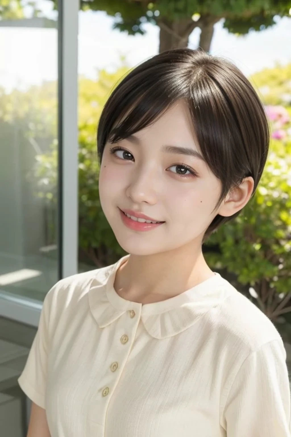 (natural lighting:1.3), 8k, RAW photo, best quality, masterpiece, realistic, photo-realistic, clear, beautiful face, no makeup, best quality, ultra high res, BREAK, Japanese cute girl, 14 years old, (very short cut hair:1.2), smile, standing