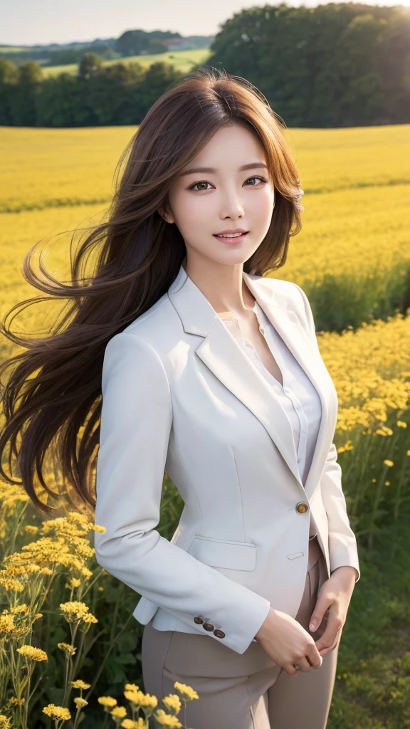 highest quality、genuine、Super detailed、finely、High resolution、8k wallpaper、one beautiful woman、、、light brown disheveled hair、wearing a business suit、sharp focus、perfect dynamic composition、beautiful and detailed eyes、thin hair、Detailed genuine skin texture、smile、model body shape、In a windswept meadow