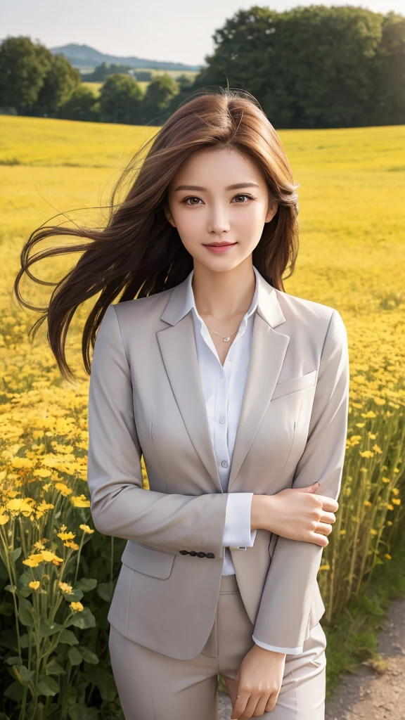 highest quality、genuine、Super detailed、finely、High resolution、8k wallpaper、one beautiful woman、、、light brown disheveled hair、wearing a business suit、sharp focus、perfect dynamic composition、beautiful and detailed eyes、thin hair、Detailed genuine skin texture、smile、model body shape、In a windswept meadow