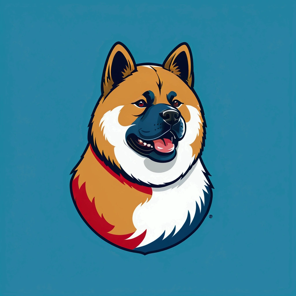 American Akita – a beauty with plush fur and a characteristic dark mask. The breed combines courage, friendliness,  funky, retro, multicoloured,  vintage logo, American Akita dog,athletic sports logo,energetic dynamic pose vintage logo, American Akita dog,athletic logo,energetic dynamic pose, American Akita – a beauty with plush fur and a characteristic dark mask.