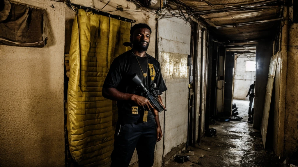 a black guy with a gold pistol standing looking at a favela 