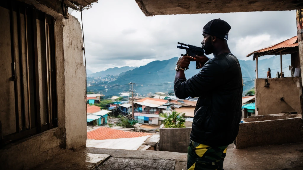 a black guy with a gold pistol standing looking at a favela 