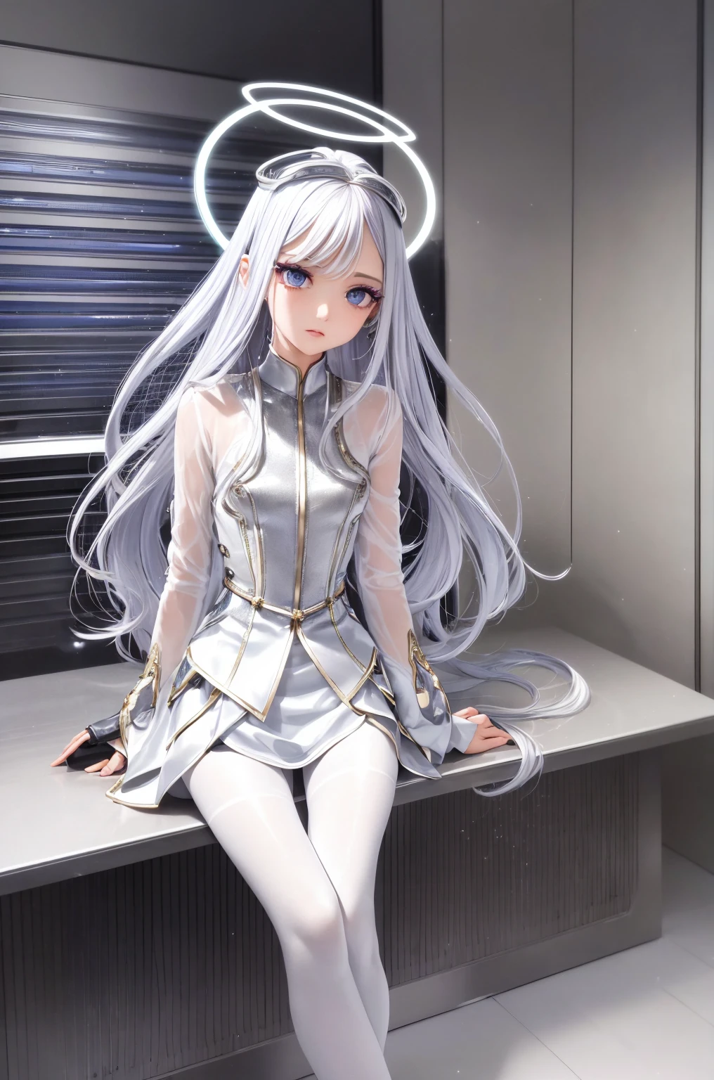 best quality,masterpiece,ultra detailed,Add layer,detailed eyes,slim,skinny,slim legs,small hips,
Fatima,android,slim breast,12 years old,((mechanical halo)),(Iridescent:1.21),halo,
big eyes,Iridescent eyes,cold eyes,glowing eyes,slant eyes,narrow eyes,
hair over eyes,very long hair,silver and Iridescent gradation color hair,multi color hair,straight hair,shiny hair,airy hair,silky hair,voluminous hair,
expressionless,(makeup:1.4),
(circlet),jewel,white mechanical dress,white mechanical skirt,pantyhose,mechanical parts, Long Sleeves,jewel broach,
sitting on cockpit,mechanical seat,
science fiction,
