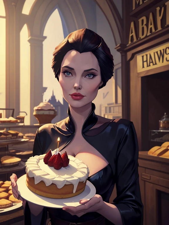 masterpiece, best quality, Maleficent holding a whole cake, 8k, White background,Solid color background,Woman holding cake, 8k, (Clear focus, Very detailed) Warren Tufts, Retro, deep cleavage, bakery shop in background
