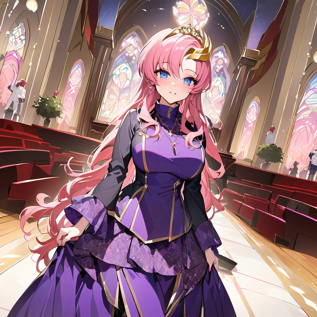 ((Highest quality)), ((masterpiece)), (detailed), （Perfect Face）、The woman is Lacus Clyne, the wife of the leader of a mysterious cult. She has blue eyes, medium-long pink hair, a hair accessory, is wearing the mysterious, luxurious cult clothing of the mysterious religious organization, a necklace and accessories with mysterious devil symbols, a luxurious head chain tiara, and an engagement ring.、The woman is the wife of a middle-aged, bearded cult leader whom she greatly admires.、He is standing at the altar of a cult with a mysterious cult leader dressed in luxurious cult leader clothing.