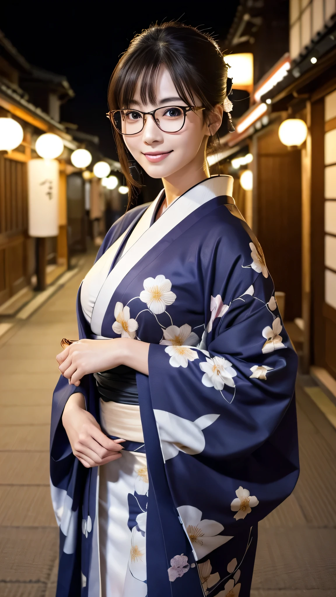 (Super beautiful woman in kimono)、((highest quality、8K masterpiece:1.3))、sharp focus:1.2、(super beautiful face:1.0)、(shiny skin:1.0)、realistic pictures、black hair、video lighting、High resolution eyes and face、video lighting、japanese actress、from the front、big breasts、with a happy smile、Slender abs beauty、whole body、wearing a kimono、in Kyoto、(((luxury obi)))、In Kyoto at night、wearing glasses with no edge、with a fan