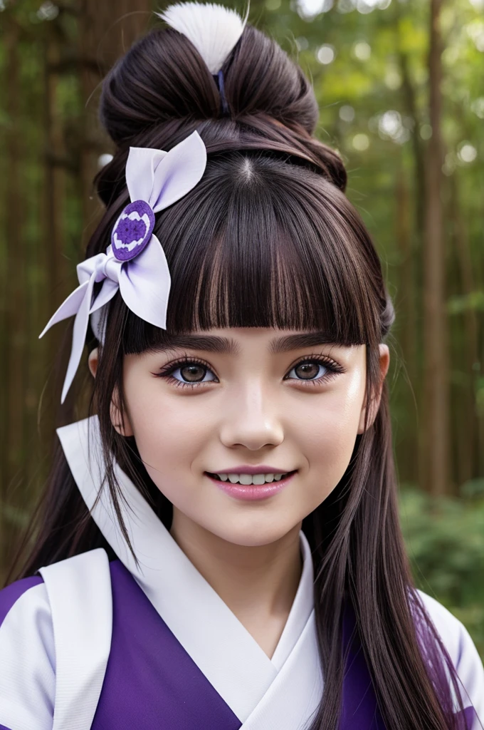Kimetsu no Yaiba girl with white skin with long brown hair and bangs with purple eyes and long eyelashes with a happy expression and painted lips wearing the hunter uniform with a white haori