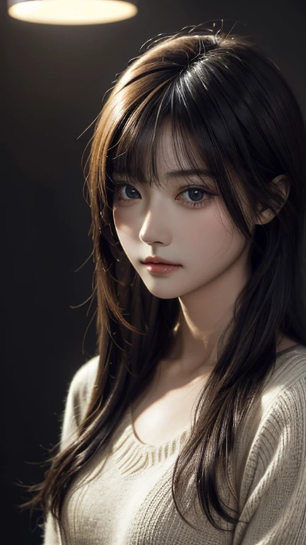 masterpiece, 1 beautiful girl, detailed, Swollen eyes, Highest quality, 超High resolution, (reality: 1.4), Original photo, 1 girl, Cinema Lighting, (Laughter:0.6), Japanese, Asian Beauty, Proper, really beautiful, A little young face, Beautiful Skin,Orange Hair、Long Hair、 Thin and large, Black sweater、Cyberpunk Background, (超reality的な), (Awareness-raising), (High resolution), (8k), (非常にdetailedな), (The best Awareness-raisingns), (美しくdetailedな目), (超detailedな), (wallpaper), (detailedな顔), Looking at the audience, detailed, detailed face、Deep Shadow、Inconspicuous、Pure erotic face ace_v1、46 point diagonal bangs、Look straight ahead、Dress neatly、Iris、