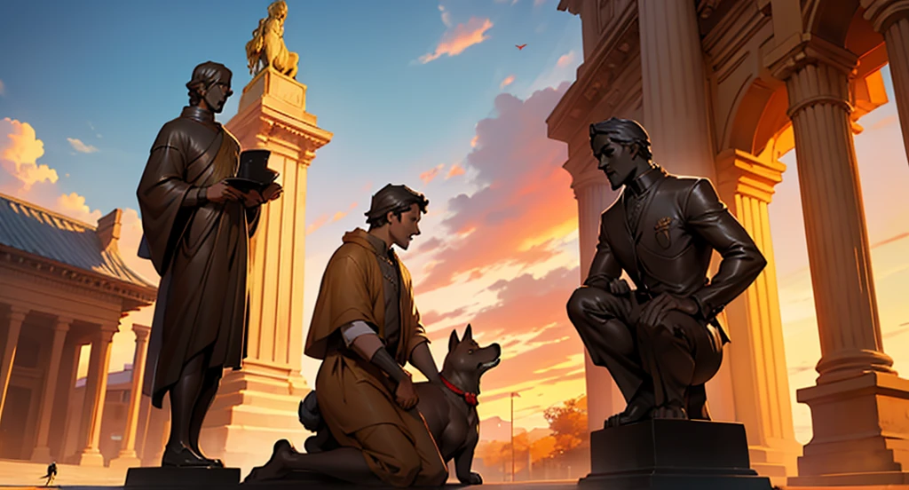 Man on his knees looking at statue, statue carved in gold, dog silhouette statue shape, background crimson sky