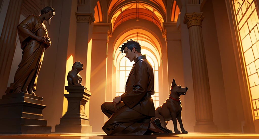 Man on his knees looking at statue, statue carved in gold, dog silhouette statue shape, background crimson sky