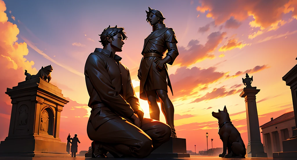 Man on his knees looking at statue, statue carved in gold, dog silhouette statue shape, background crimson sky