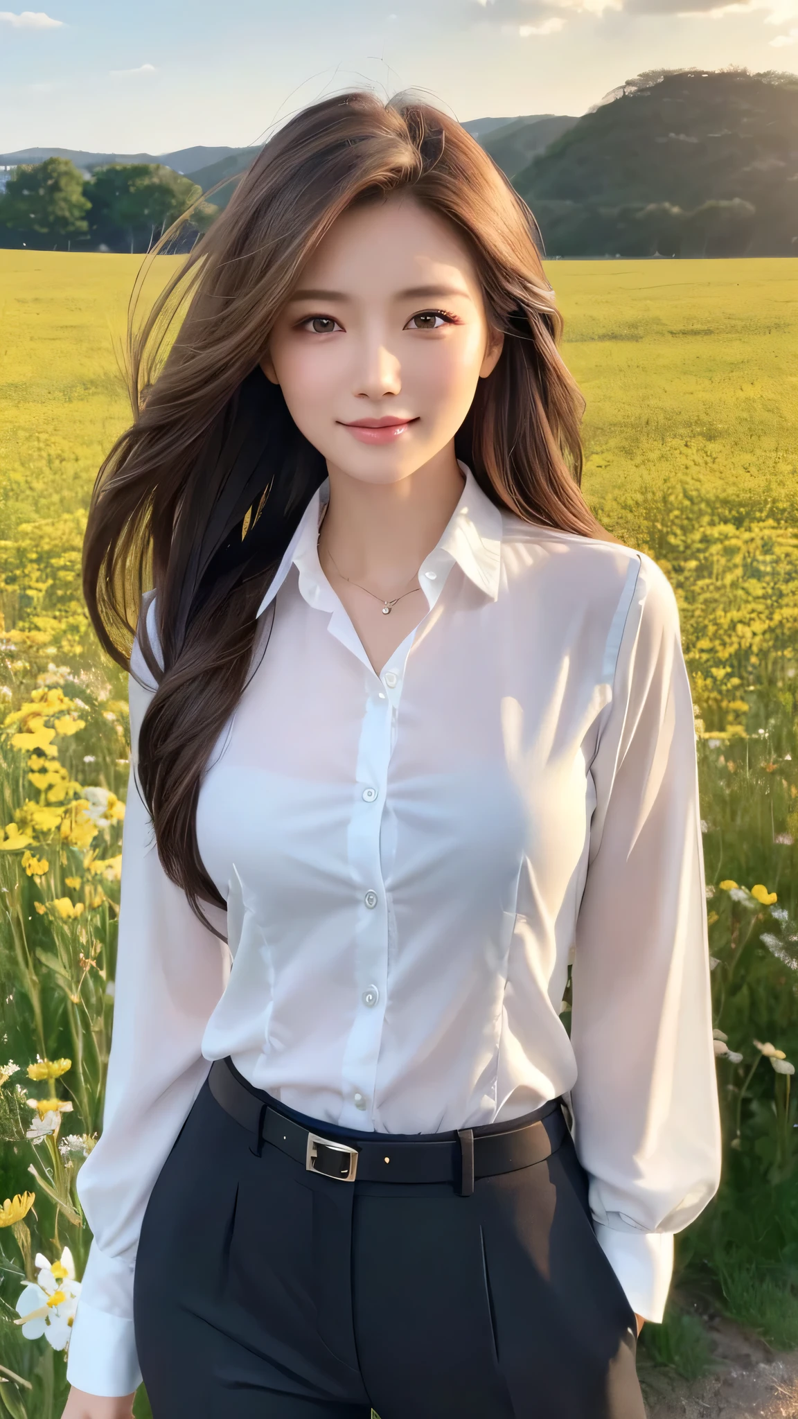 highest quality、genuine、Super detailed、finely、High resolution、8k wallpaper、one beautiful woman、、、light brown disheveled hair、wearing a business suit、sharp focus、perfect dynamic composition、beautiful and detailed eyes、thin hair、Detailed genuine skin texture、smile、model body shape、In a windswept meadow