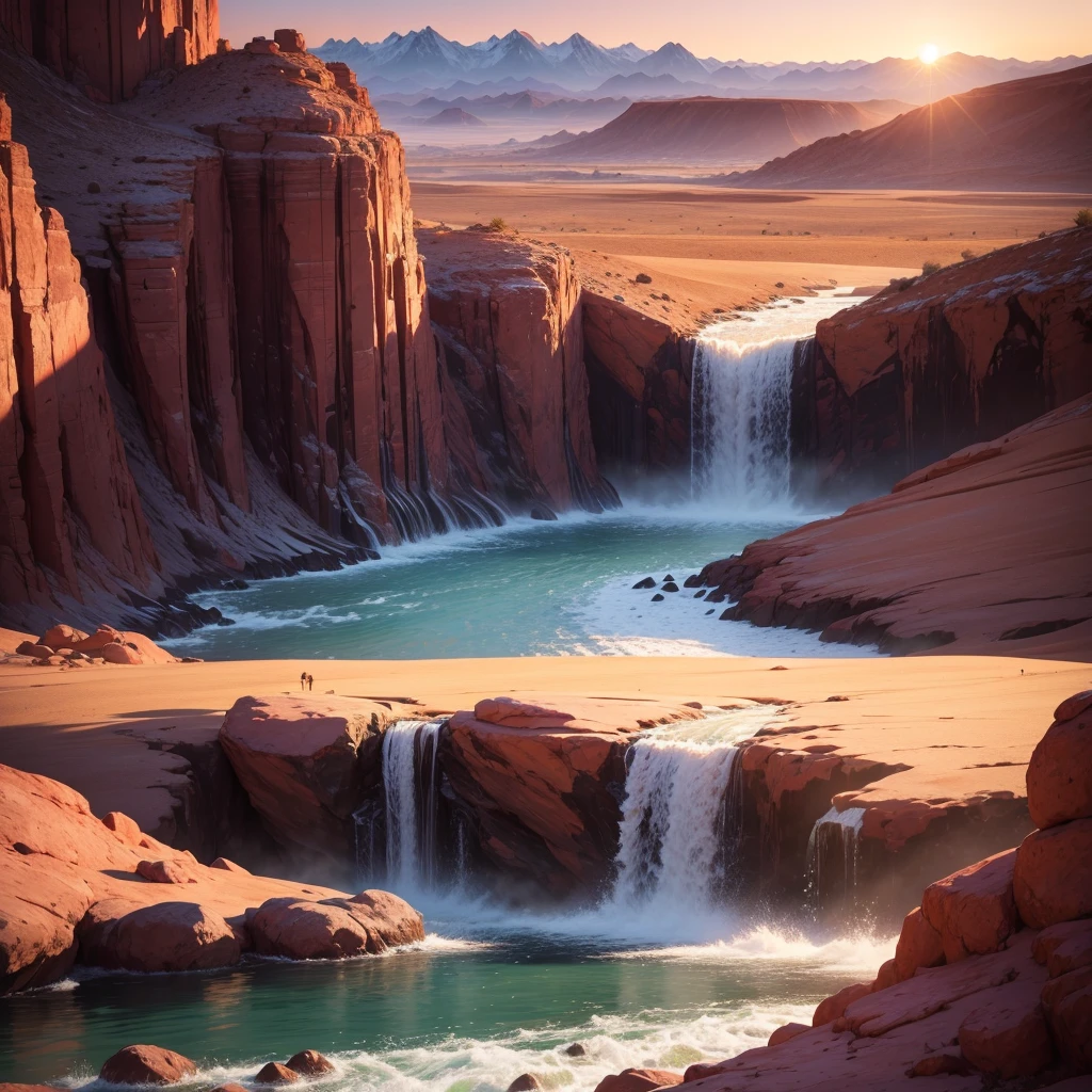 Landscape waterfall in sunset mountains best image quality, high quality, Beautiful desert beach wallpaper 8k extremely detailed, Photography  