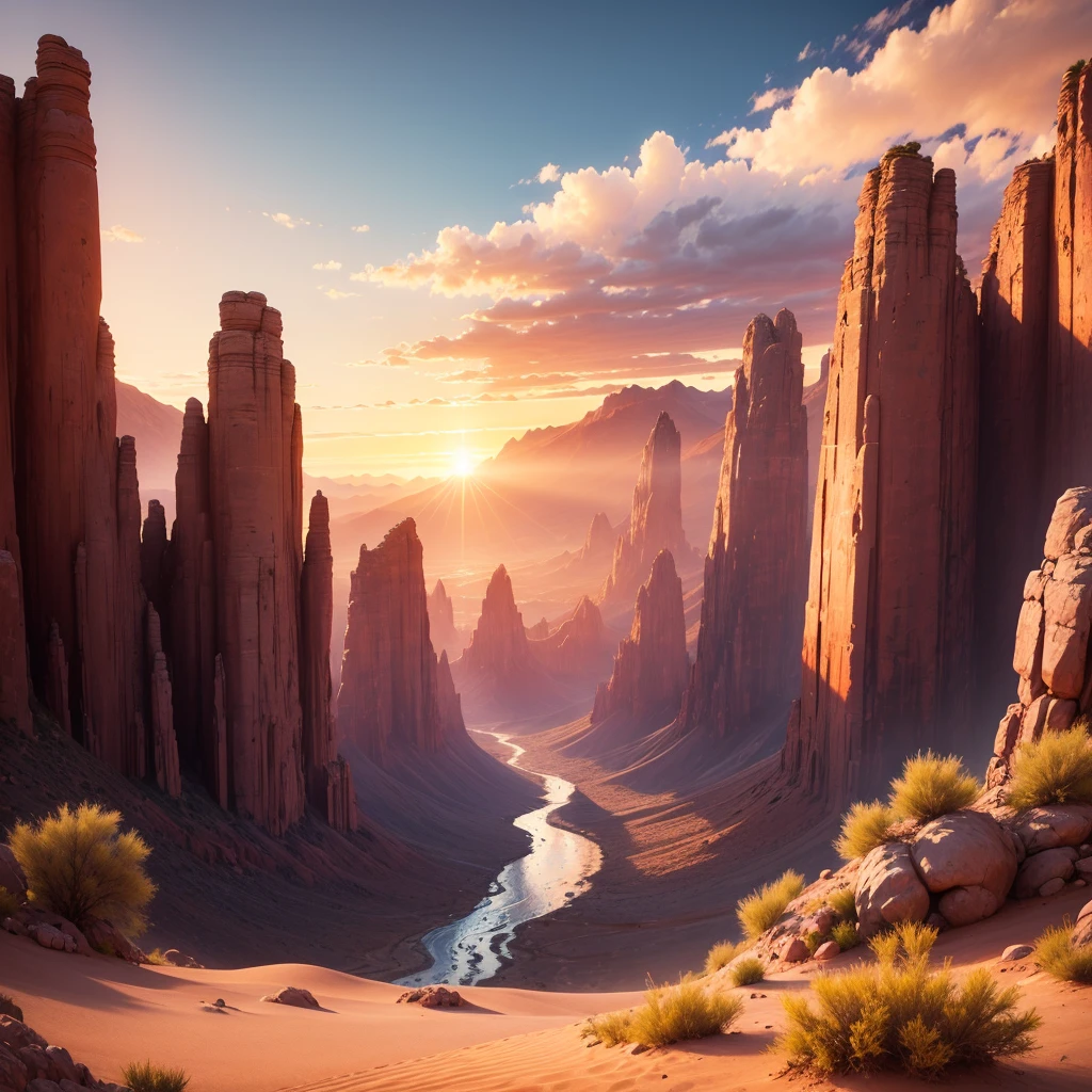 Landscape waterfall in sunset mountains best image quality, high quality, Beautiful desert beach wallpaper 8k extremely detailed, Photography