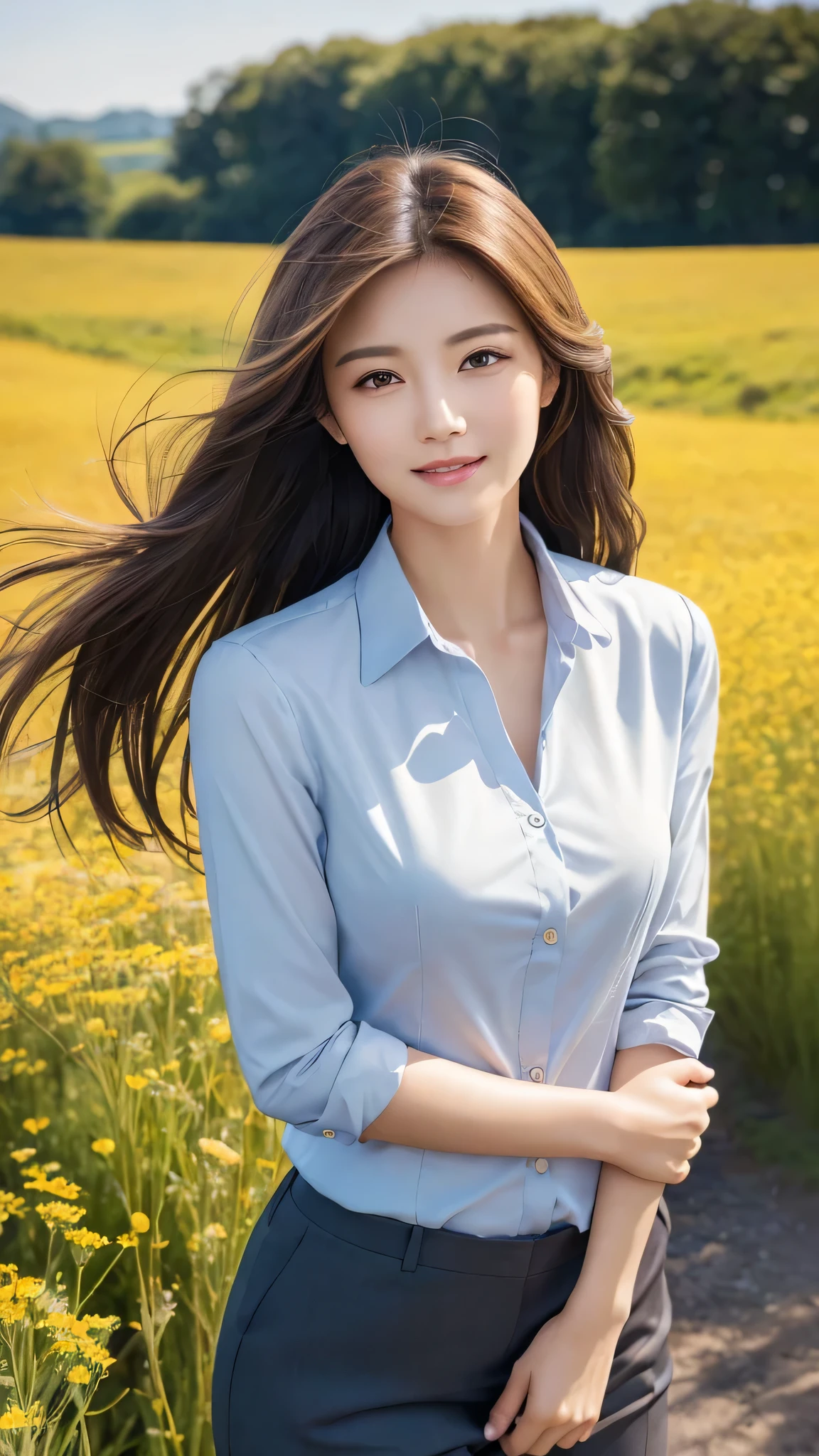 highest quality、genuine、Super detailed、finely、High resolution、8k wallpaper、one beautiful woman、、、light brown disheveled hair、wearing a business suit、sharp focus、perfect dynamic composition、beautiful and detailed eyes、thin hair、Detailed genuine skin texture、smile、model body shape、In a windswept meadow