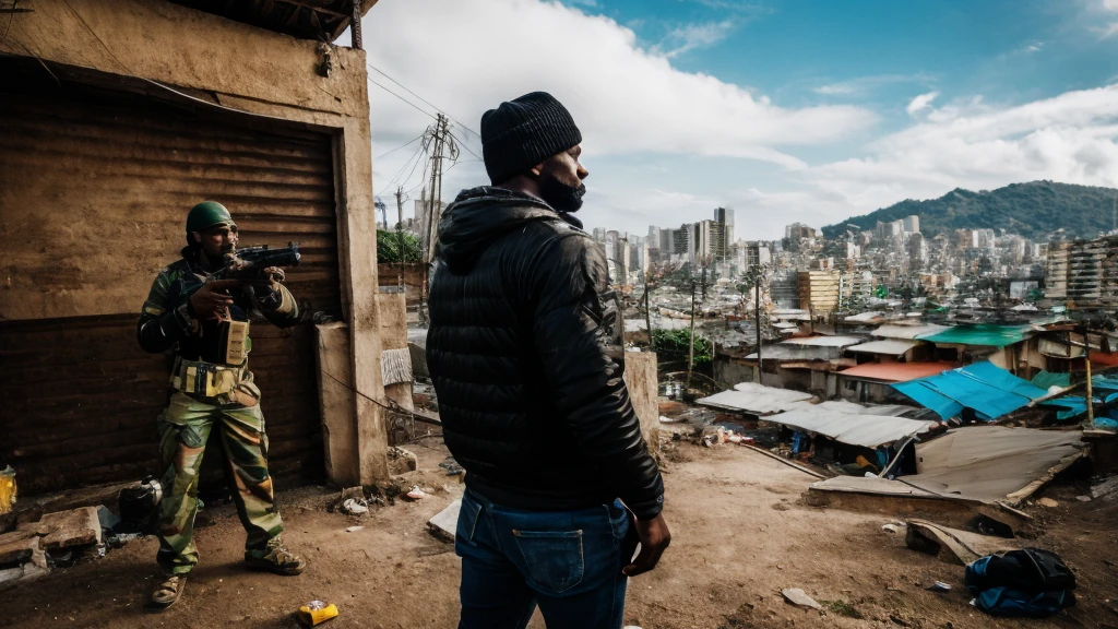 a black guy with a gold pistol standing looking at a favela