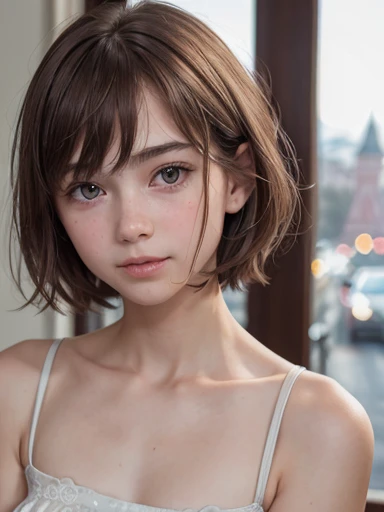 ((Russian woman))、Very sleepy face、face so tired:1.2、open mouth、Narrowed eyes:1.1、Raw photography, (((Very beautiful portrait))), 1girl in,  12 year old girl, ((Natural brown hair)), [Brown-eyed],Gentle smile staring at the camera、((​masterpiece, top-quality, ultra-detailliert, intricate detailes, hight resolution, 8K, ighly detailed)), detailedbackground, hightquality,  Shallow depth of field, face perfect、A detailed eye、White teeth:1.1、tiny chest、((flat chest:1.2))、skinny thigh, dress, short hair 
