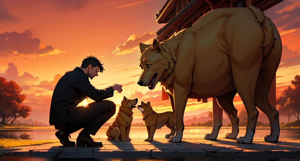 Man on his knees worshiping a golden dog, background crimson sky