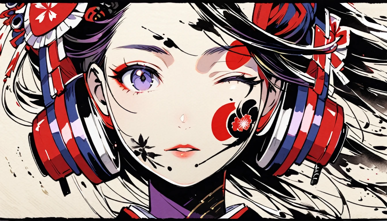(((Ink Painting))), ((Japanese style headphones)), (((Japanese pattern tattoo on face))), face close up, Gorgeous hair accessories, Japan人の女, Fluttering Hair, Japan, Japanese flag, Purple