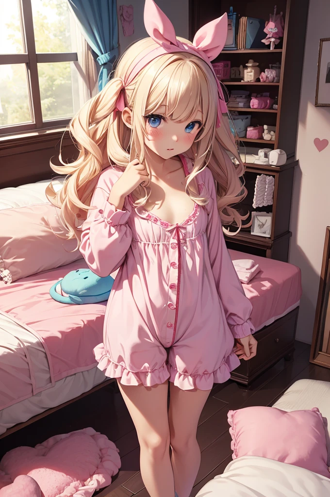 (Masterpiece, top quality, absolute resolution, real stick, realistic materials and textures, perfect anatomy), BREAK Subject: Photo girl Subtitle:  girls, thighs, small, cute, Kigurumi pajamas BREAK pink kawaii room , pink gothic room, messy room, Marchen, macarons, Candy, heart item, ribbon,star item, small window, (Miscellaneous goods are placed in a mess:1.3),dresser, antimacassar , busty, blond hair