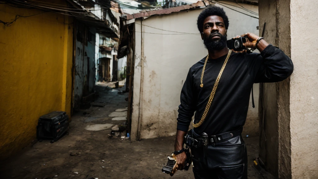 a black guy with a gold pistol standing looking at a favela