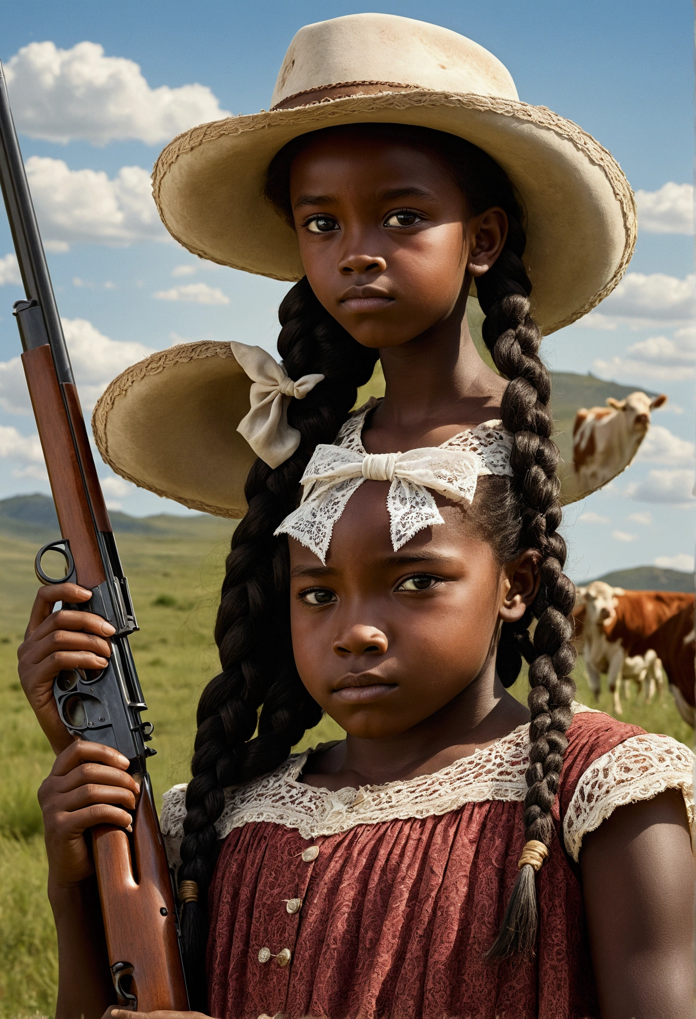 creative western film cover style old photograph with a young African girl aged 9, long braided hair, darkskin, western film character, she is lassoing a calf in the field, she has a bow, com olhos castanhos, 精致的面容, she is wearing a hat and is in a saloom, she's holding a winchester rifle, Ultra Realist, meticulously detailed, wearing period clothes with white lace.The image is an old western film cover. many oxen and cows