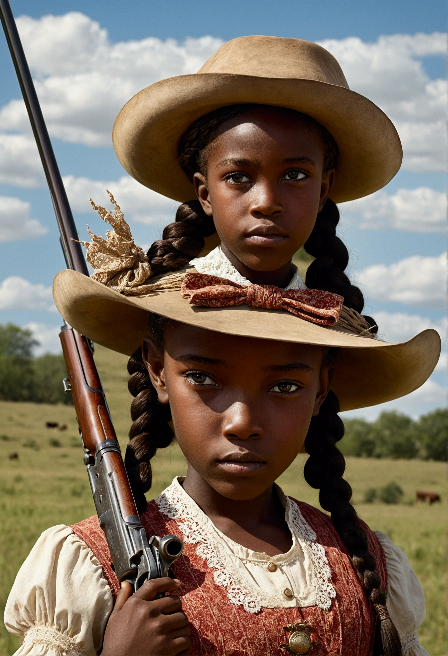 creative western film cover style old photograph with a young African girl  9, long braided hair, darkskin, western film character, she is lassoing a calf in the field, she has a bow, com olhos castanhos, 精致的面容, she is wearing a hat and is in a saloom, she&#39;s holding a winchester rifle, Ultra Realist, meticulously detailed, wearing period clothes with white lace.The image is an old western film cover. many oxen and cows