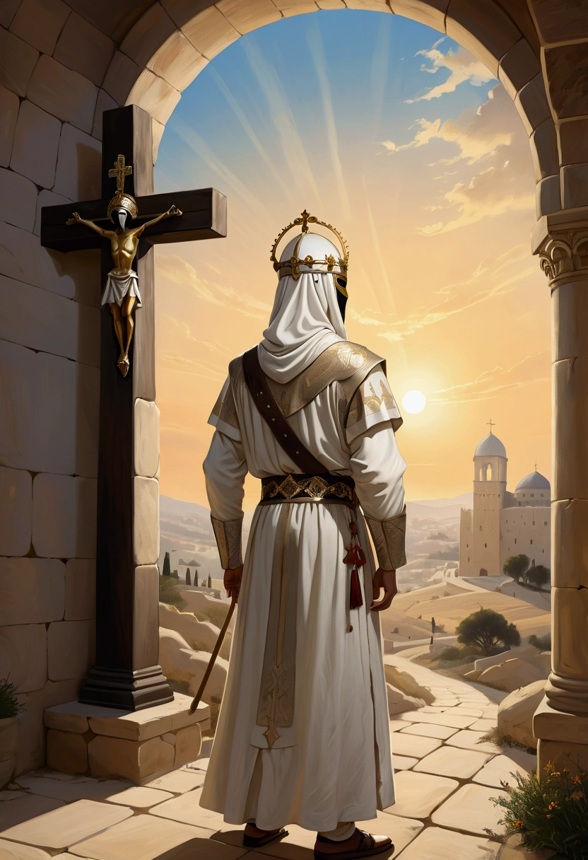 {
"prompt": "A painting of Baldwin IV, the leper king of Jerusalem, seen from behind, standing and facing a large, empty cross. The sun is setting behind him, casting a dramatic silhouette. Baldwin wears a silver mask with realistic eye openings showing his eyes. He is dressed in a long, ornate white tunic with a decorative belt and a white headdress that drapes over his shoulders. The scene is solemn and reflective, with the cross illuminated by the sunlight.",
"size": "1024x1024"
}