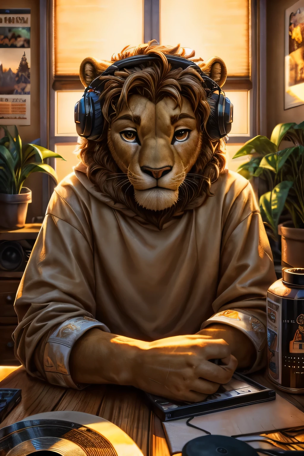 A medium shot of a boy with a lion's head wearing oversized headphones, sitting at a wooden desk and typing on a laptop, surrounded by vinyl records and glowing LED lights in a cozy bedroom, with plants and posters creating a relaxed and nostalgic LOFI vibe, during the golden hour casting warm light through a window, shot with a Sony A7R IV, 35mm lens, with warm sepia tones and a dreamy atmosphere