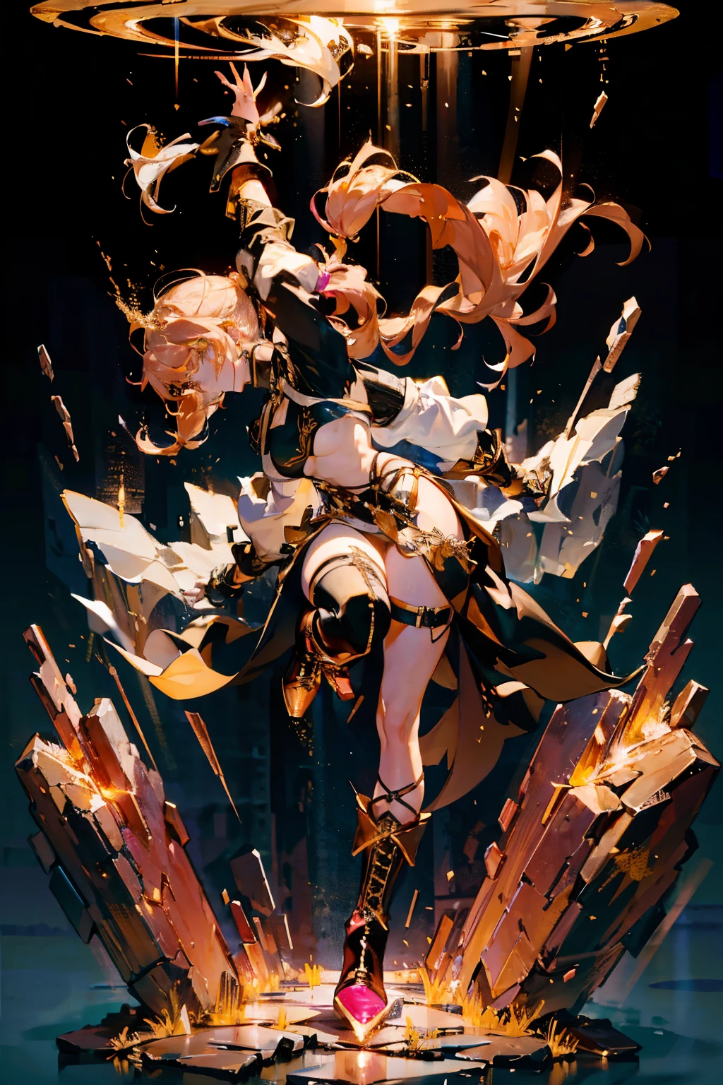 1girl, confident, rosegold hair (long ponytail), yellow eyes, wearing white long sleeve crop top, black lace up maxi dress (leg slit), large brown gauntlets, white and gold boots, floating rocks effect, absurdres, high res, ultra sharp, 8k, masterpiece, looking at viewer, undefined,