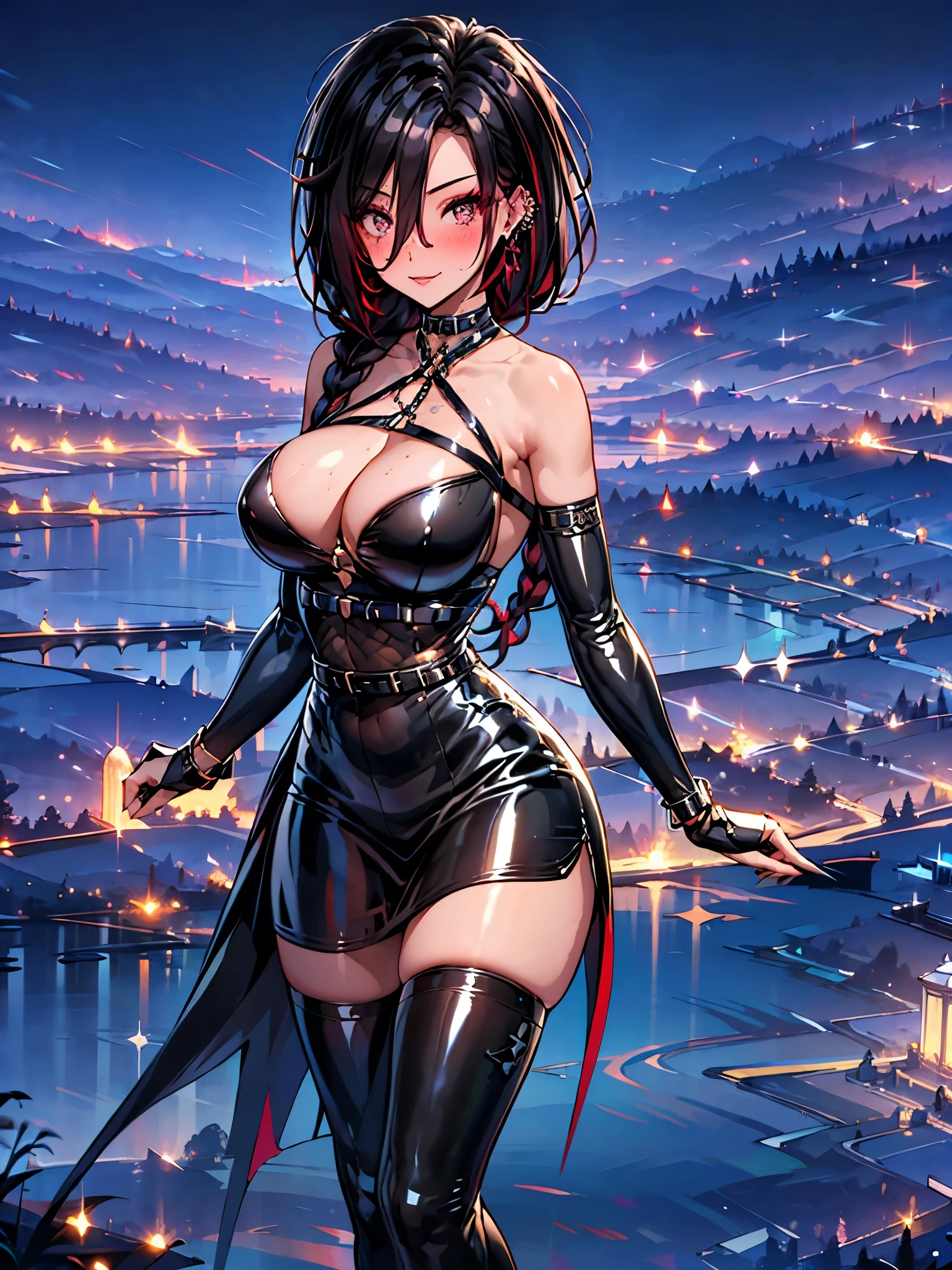 mature woman, 1 girl, alone, (masterpiece, best quality, very detailed), sharp focus, detailed face, face focus, focus on face, very detailed eyes, long black cyclamen hair, (cyclamen highlights: 1, 3), braid, side down braid, cyclamen red eyes, (sparkling eyes: 1.2), long eyelashes, (strong blush: 1.2), subtle makeup, ((ball gown, long skirt, cleavage)), Crusader earrings, ear piercing, film lighting , edge lightning, shading, dynamic angle, sharp image, perfect quality, perfectly crafted background, beautiful warm lights, sexy, dancer, ballroom, castle, dancing in ballroom, Crystal chandelier,
