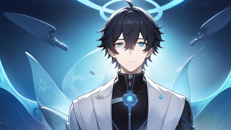 hashimoto_akihito, 1male, short hair, black hair, cyan eyes, white pharmacist coat, cyan halo above, distorted reality, broken halo, serious, visual novel cg style, BREAK looking at viewer, BREAK (masterpiece:1.2), best quality, high resolution, unity 8k wallpaper, (illustration:0.8), (beautiful detailed eyes:1.6), extremely detailed face, perfect lighting, extremely detailed CG, (perfect hands, perfect anatomy)